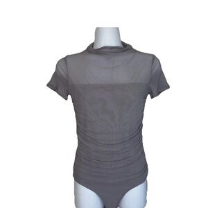 ReoRia Body Suit Women's Small Ruched Mesh square mock neck cap sleeves NWT